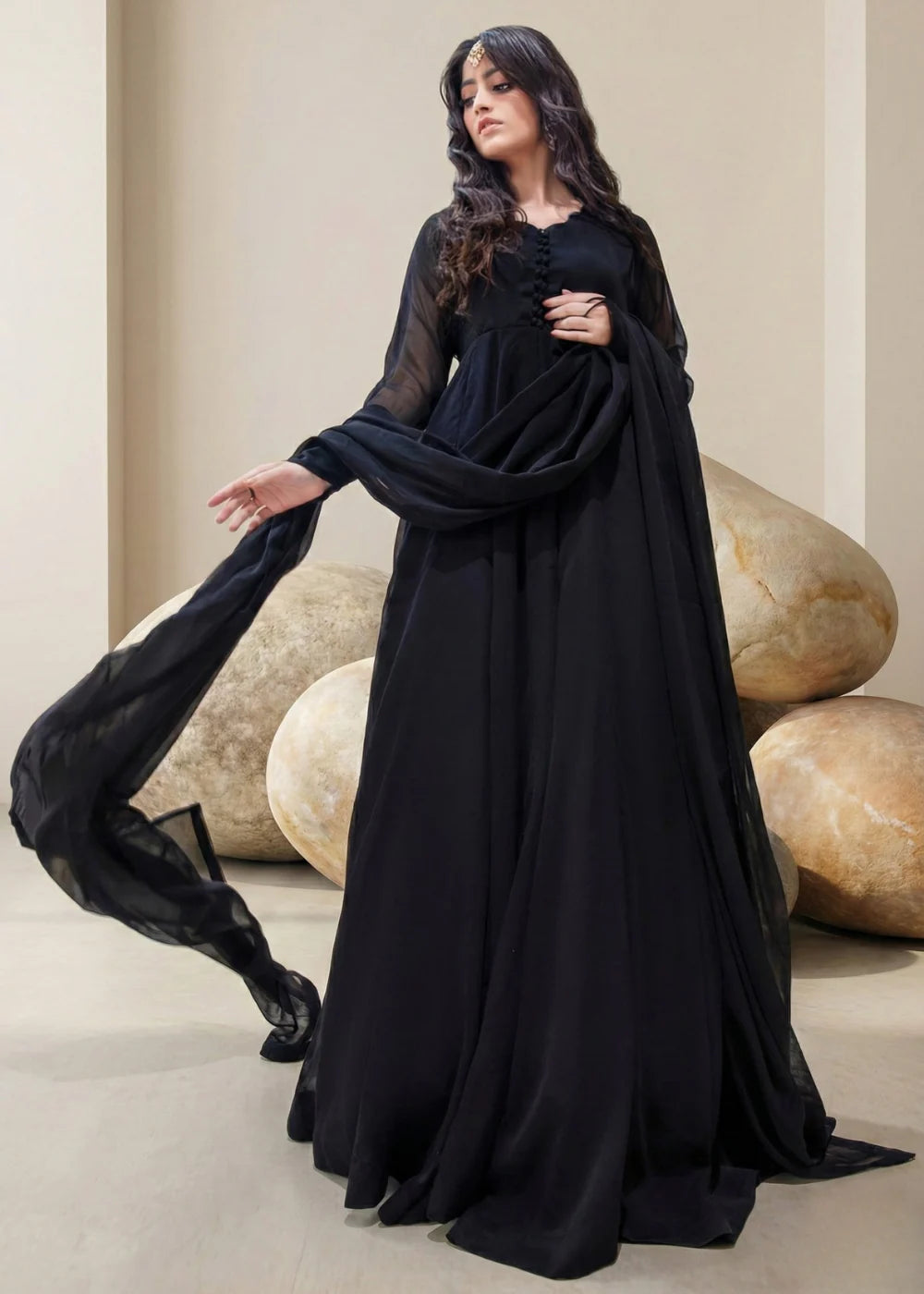Jet Black Frock 2PC Stitched