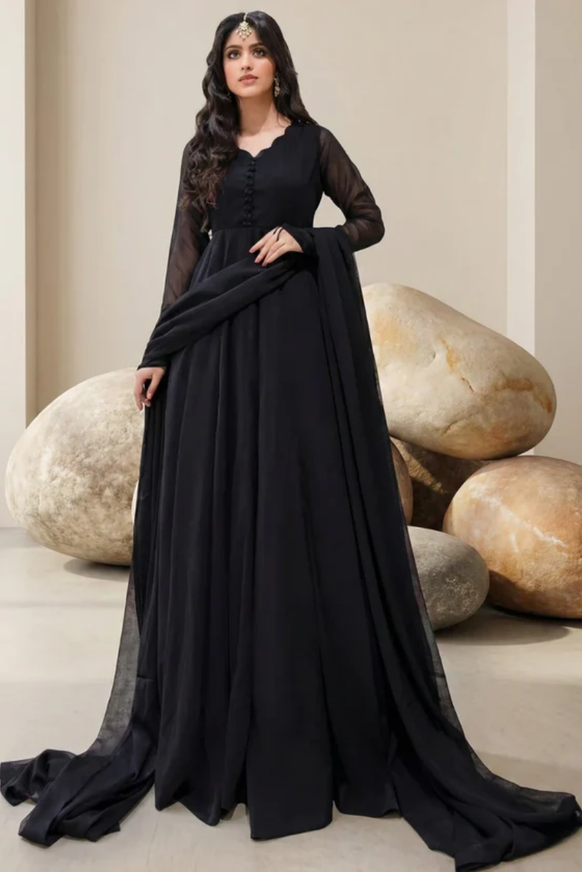 Jet Black Frock 2PC Stitched