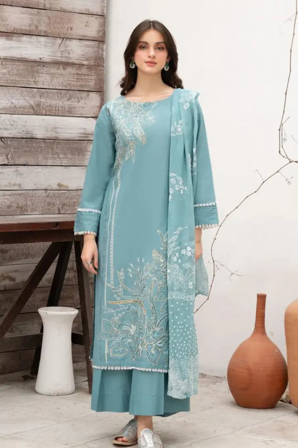 Aqua Blue 3 PC Stitched